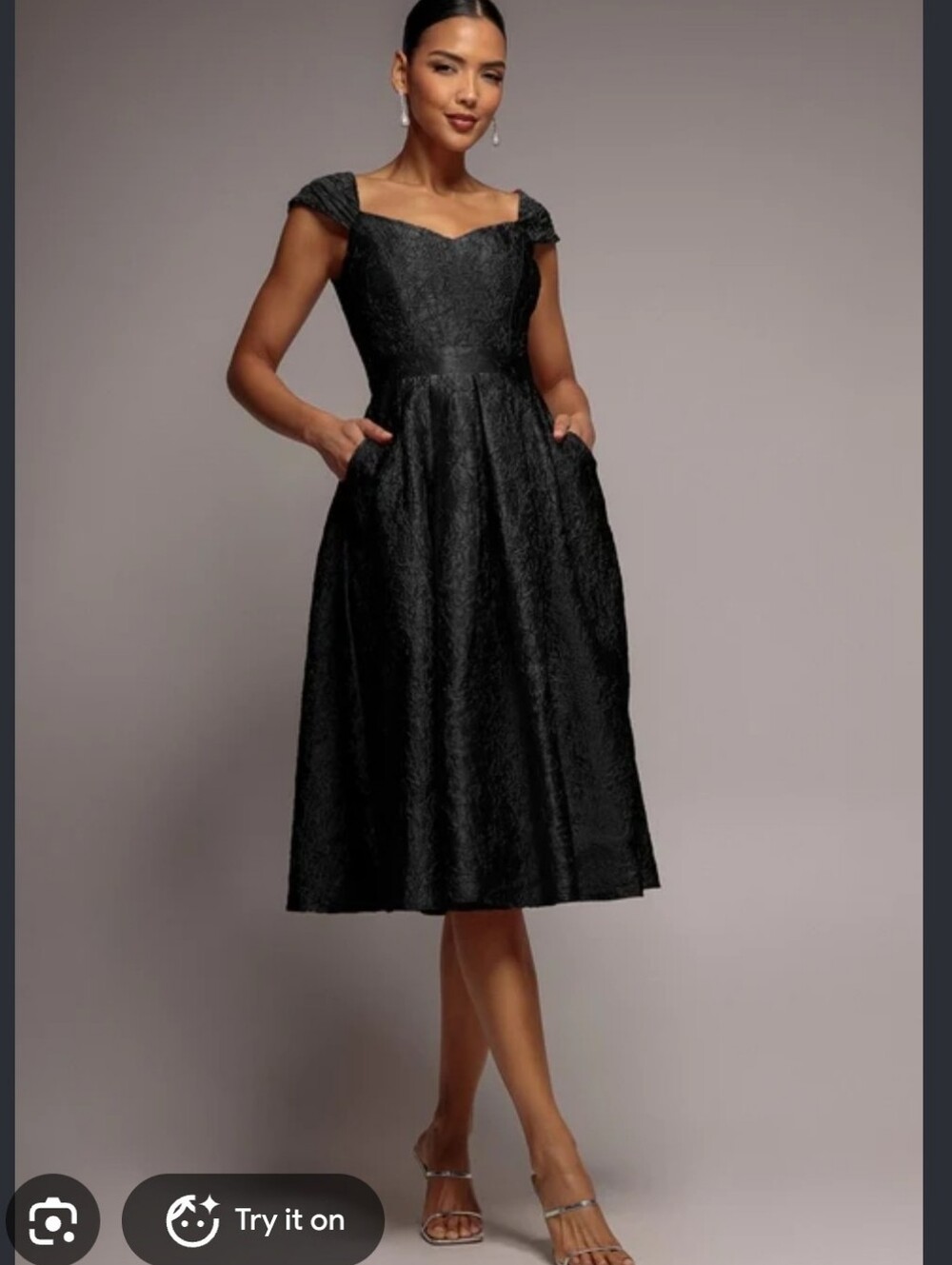 Adrianna Papell Black Eyelet Midi Dress with Cap Sleeves